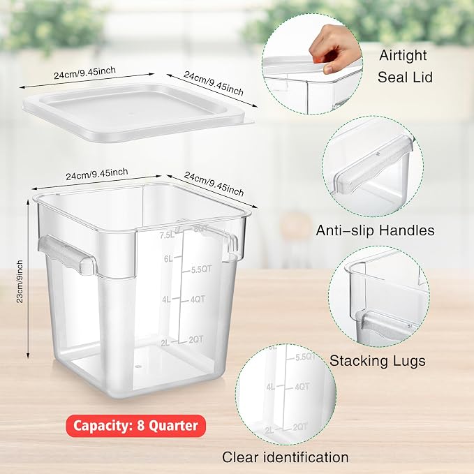 FoldTier 2 Pieces Square Food Storage Containers Polycarbonate Clear food Container with Lid Commercial Storage with Graduations for Commercial Kitchen Dough Marinating Meat(White,8 Qt) - Image 2