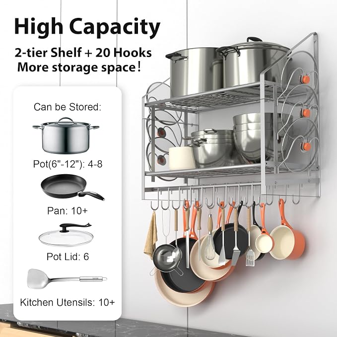 VyGrow 28 Inch Pot Rack Wall Mounted, 2 Tier Pots and Pans Organizer with 20 Hooks and 6 Pot Lid Holders, Heavy Duty Steel Pot and Pan Hanger for Kitchen Cookware Utensils Storage, Silver - Image 3