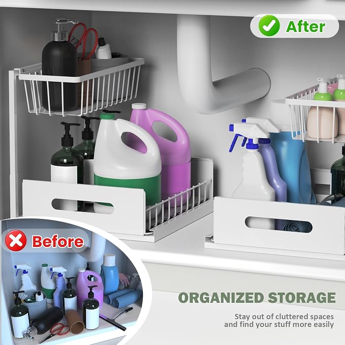 AORESAC Under Sink Organizer, Metal Pull Out Cabinet Organizer 2-tier, Under Sink Slide Out Storage Shelf for Kitchen Bathroom Organizers and Storage, 10.5W x 13D x 11H Inches - Image 3