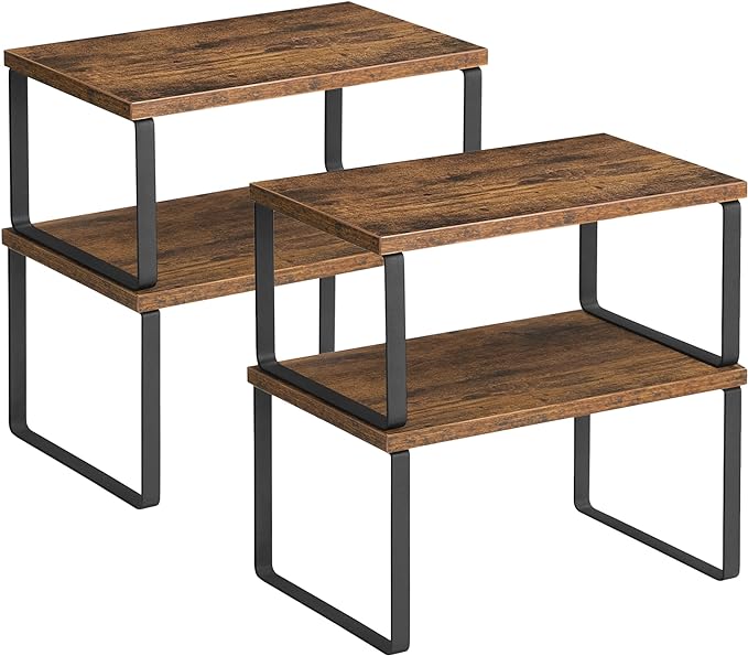 SONGMICS Cabinet Organizer Shelf, Set of 4 Kitchen Counter Shelves, Kitchen Storage, Spice Rack, Stackable, Expandable, Metal and Engineered Wood, Ink Black and Rustic Brown UKCS021X01 by Unknown