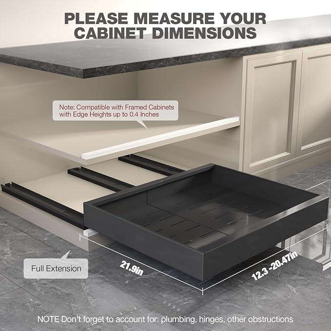 Seinloes 2 Pack Pull Out Cabinet Organizer 22" Deep,Full Extension 3 Slide Rails Slide Out Drawers With Raising Pad for Framed Cabinets,Expandable Width (12.3"-20.5"),No Drill Roll Out shelf,Black - Image 5
