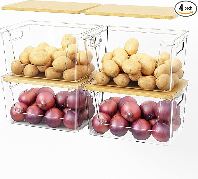 4 Set Pantry Organizer and Stackable Storage Kitchen,Sturdy and Durable Storage Basket for Potato, Onion, Garlic, Fruit, Vegetable, Produce, Clear Plastic Storage with Lid&Handle by Unknown