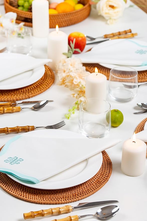 Hofdeco Premium Coastal Cotton Cloth Napkins Set of 4, 20"x20" Washable Dinner for Events, Weddings, Home Use, Muted Aqua Embroidered Endless Knot - Image 2