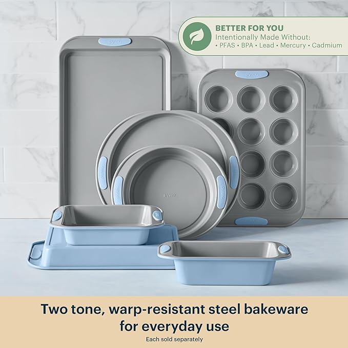 Pyrex 3-Piece Metal Cookie & Muffin Sheet Bakeware Set, Cerulean | Lightweight stainless steel baking trays with heatsafe silicone handles, made without PFAS, mercury, lead, cadmium & BPA - Image 3