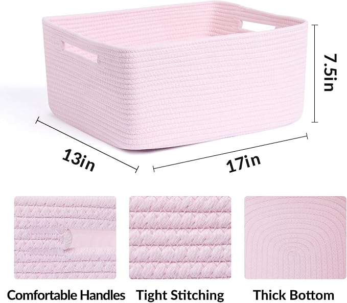 MiniArk Large Storage Baskets for Shelves, 17 x 13 x 7.5” Closet Organizers Bins for Clothes Blanket Towels, Baby Nursery, Toy Baskets Box, Woven Rope Baskets, 3 Packs Light Pink - Image 2