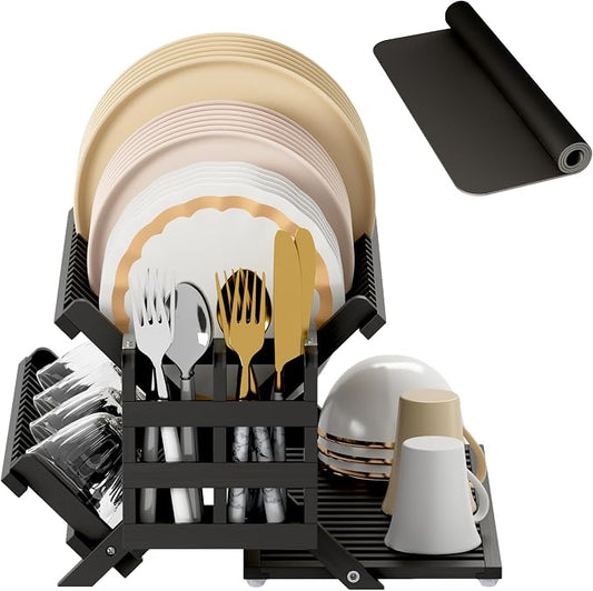 Greenual Black Bamboo Dish Drying Rack with Utensil Holder, 3 Tier Collapsible Dish Rack, Wooden Dish Racks for Kitchen Counter, Large Folding Drying Holder with Absorbent Dish Drying Mat by Greenual