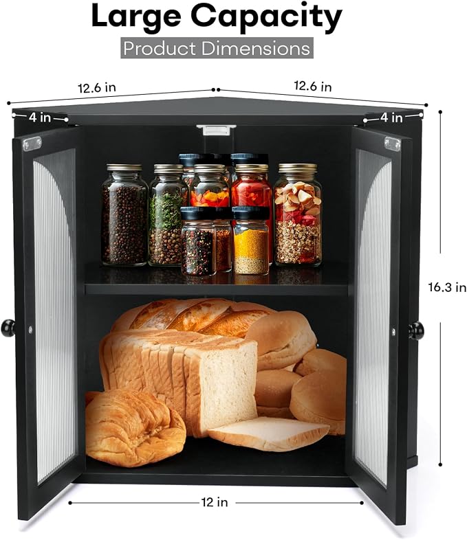Corner Bread Box for Kitchen Countertop,Double Layer Bread Holder | 3 Adjustable Height, Large Capacity, Magnetic Acrylic Door, Bamboo Bread Storage Container for Homemade Bread, Black - Image 2