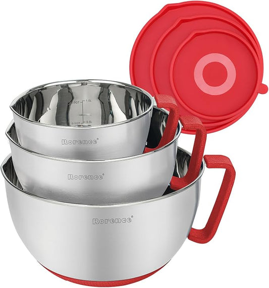 Stainless Steel Mixing Bowls Set with Lids,1.5,3 & 5 Qt,Red | Non-Slip Silicone Base,Precision Pour Spout,Ergonomic Easy-Grip Handle,Measurement Marks,Airtight Lids,Cooking & Meal Prep by Rorence