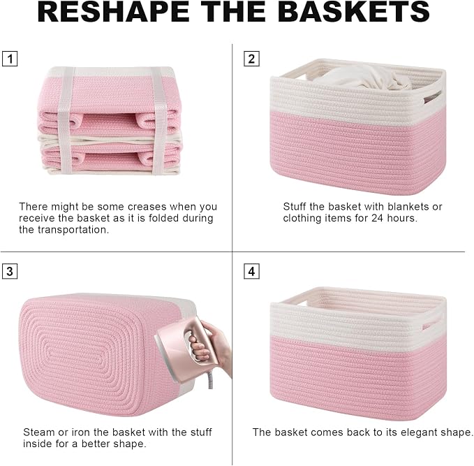 4 Pack Storage Baskets for Organizing, Woven Baskets for Shelves - Perfect for Toys, Books, Towels, and Clothes, Durable Gift Basket Bins Toy Storage, 12.7''Lx9''Wx7.8''H, Pink & White - Image 6