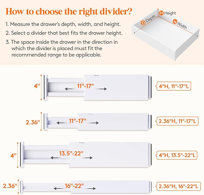 Lifewit 2.36" Upgrade Kitchen Drawer Dividers, Adjustable Drawer Organizer | 16"-22" Expandable White Drawer Separator for Clothes/Utensils, Dresser/Cabinet/Closet/Nursery Organization & Storage, 5 Pack - Image 3