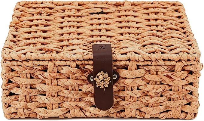 Water Hyacinth Wicker Storage Box with Lid （Large） | Hand woven decorative storage basket for shelf coffee table console home decor by Divtada