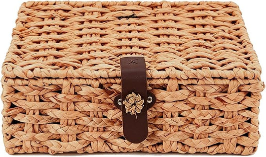 Water Hyacinth Wicker Storage Box with Lid （Large） | Hand woven decorative storage basket for shelf coffee table console home decor by Divtada