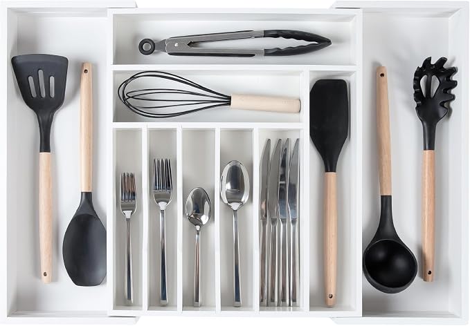 Silverware & Utensil Drawer Organizer, 14.5-25 in, White Bamboo | Cutlery, flatware, food-safe contract grade, kitchen drawer fit by KitchenEdge