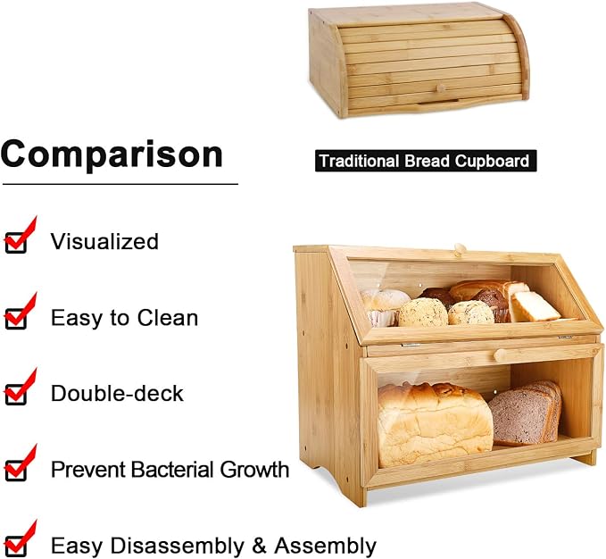 HOMEKOKO Double Layer Bread Box for Kitchen Countertop, Natural Bamboo | Keeps Bread Fresh 3-4 Days, Large Capacity Fits 2+ Loaves, Suitable For Home Kitchen Food Storage Use, See-Through Window - Image 4
