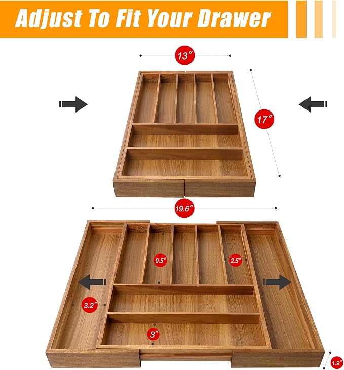 Large Premium Acacia Wood Silverware Organizer - Expandable Utensil Drawer Organizer - 17"x19.6" Utensil Holder and Cutlery Tray with Grooved for Kitchen Flatware Utensils(7-9 Slot, Acacia) - Image 2