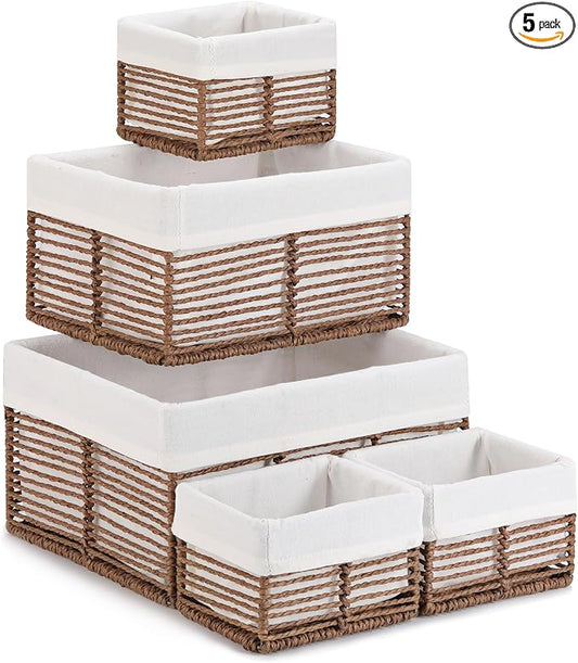 Wicker Storage Basket, Hand-Woven Paper Rope Woven Baskets, Rectangular Small Wicker Baskets for Organizing, Cube Storage Bins for Closet/Clothes/Dresser, Brown, 5-Pack by Vagusicc