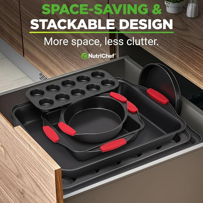 NutriChef 10-Piece Nonstick Kitchen Oven Baking Pans - Premium & Stylish Non-Stick Carbon Steel - Commercial Grade Restaurant Quality Metal Bakeware with Silicone Handles - Easy to Clean, NCSBS10S - Image 5
