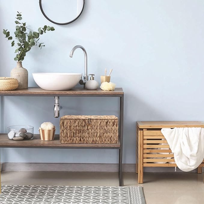 Hipiwe Handwoven Wicker Basket Natural Water Hyacinth Storage Bin with Lid | Decorative Shelf Basket with Handles for Closet Living Room Bathroom, 17.0" L x 13.2" W x 7.0" H - Image 4