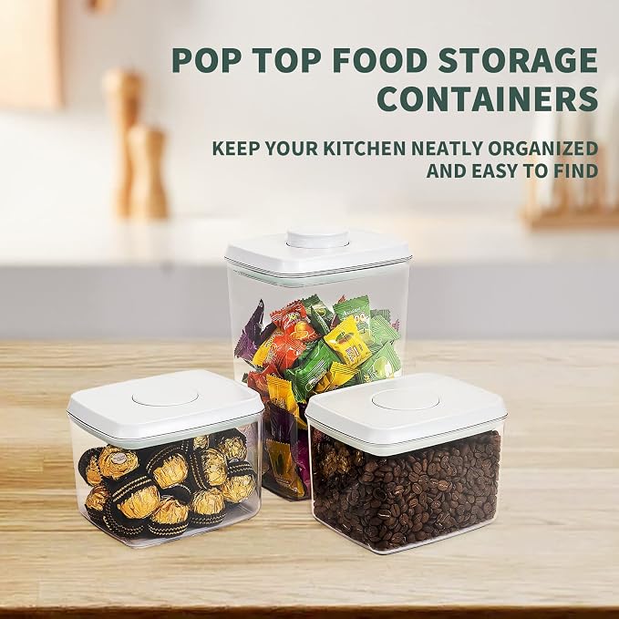 Pop Top Airtight Food Storage Containers, 3 Pack, 1.3Qt x2 + 2.9Qt | Clear Stackable Pantry Jars with One-Touch Lids, Measurement Marks and BPA-Free AS for Cereal, Sugar, Nuts and Dry Goods - Image 2
