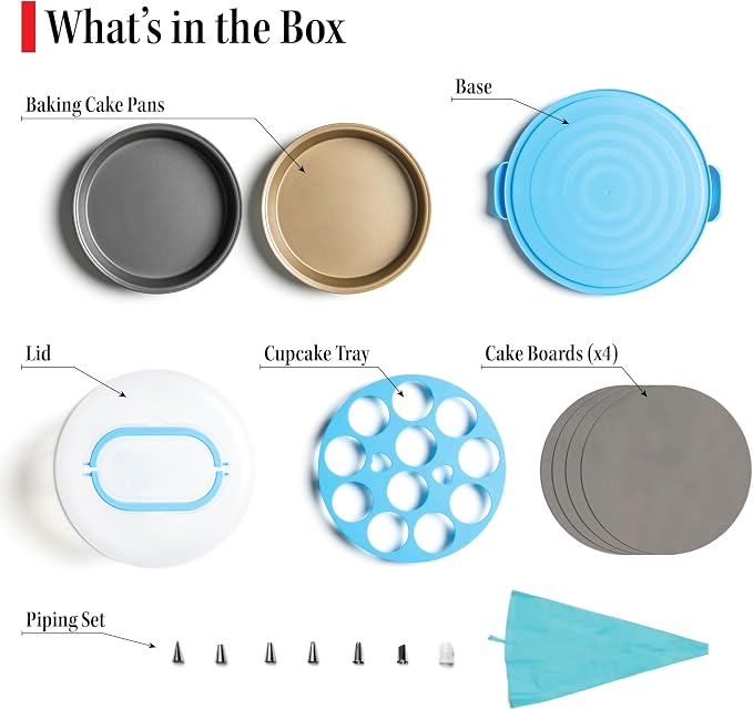 Cake Carrier with Lid and Handle – 10" Cake Storage Container with Baking Accessories, Cake Stand with Baking Pan, Cupcake Tray, Cake Boards & Piping Set - Image 5