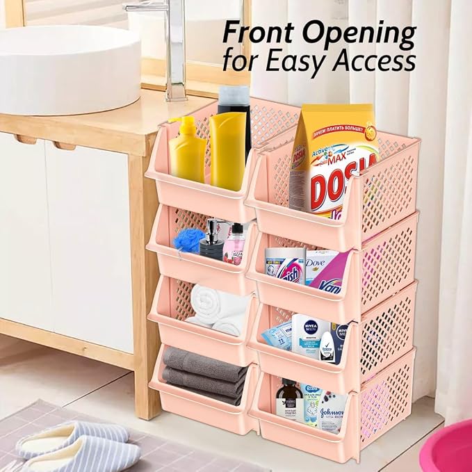 Skywin Stackable Storage Bins Open Front for Pantry Storage, 4 Pack - Cream | Sturdy Plastic, Easy Stacking, Open Front Access, Ventilated Sides, Vertical & Space Saving Pantry Organizers and Storage Bin - Image 4