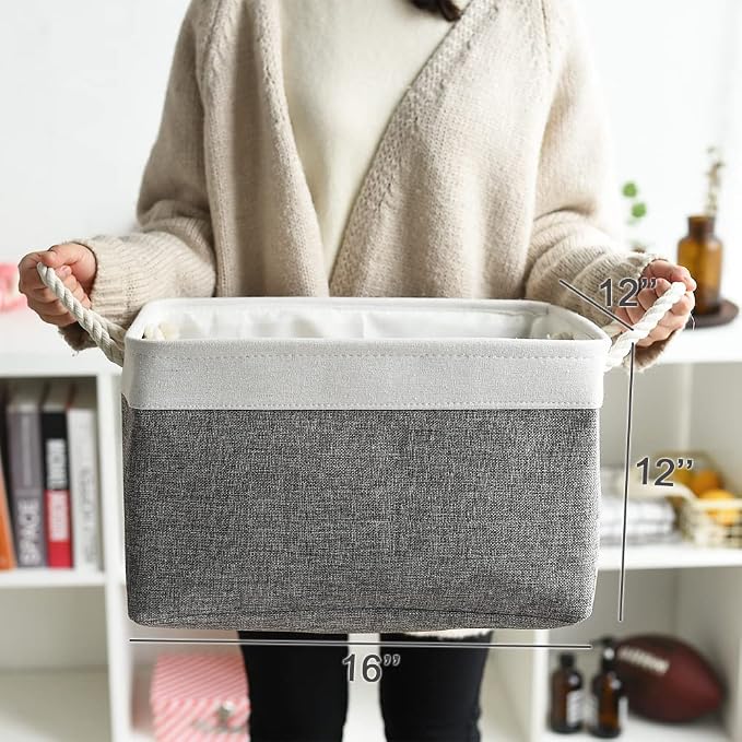 Organization and Storage Basket for Organizing - 3 Pack 16x12x12 inch Cube Storage Bin Fabric Storage Cubes for Organizer Cloth Gift Toy Closet (White & Grey) - Image 5