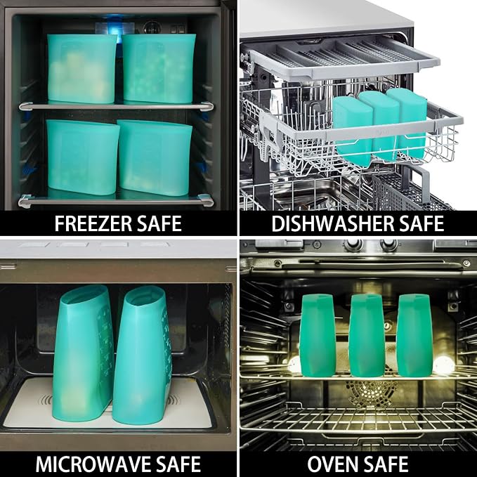 Reusable Freezer Bags Quart Size, 4 Pack, 100% Silicone Stand Up Ziplock Reusable Silicone Food Storage Bags Sandwich Bags Containers, Freezer Microwave Oven Dishwasher Safe, Aqua, 33.8fl.oz - Image 6