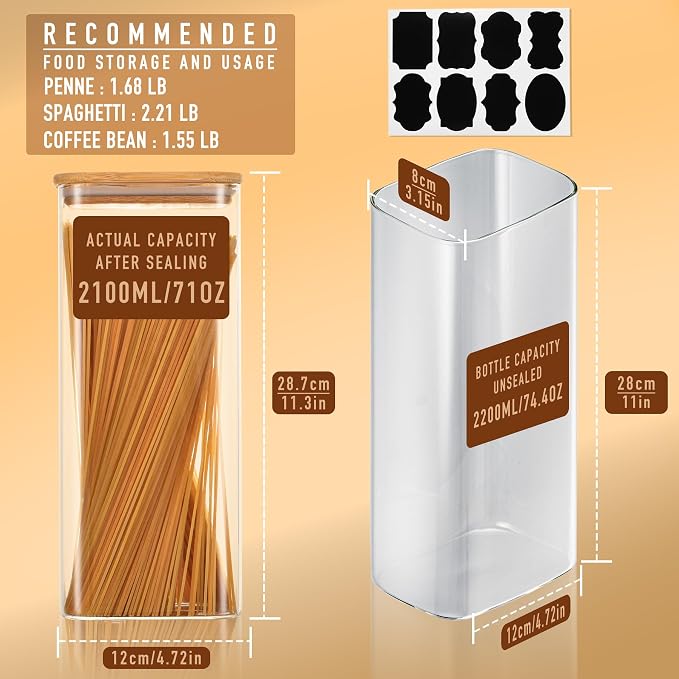 D2scrma 71oz Rectangle Airtight Glass Storage Containers with Bamboo Lids (Set of 3), Square Food Storage Jar, Pantry Organizers for Sugar, Flour, Spaghetti and Coffee beans (‎with Black Lable) - Image 2