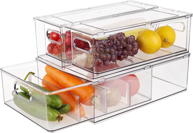 Taiuloo 3 Pack Stackable Refrigerator Organizer Bins with Pull-Out Drawer, Clear BPA-Free Food Storage Containers for Fridge Freezer, Kitchen Pantry Cabinet & Bathroom Vanity Organization by Taiuloo