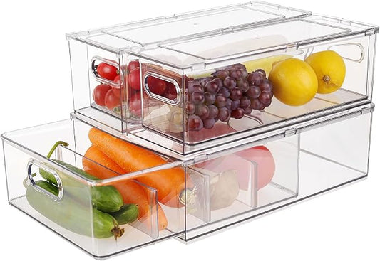 Taiuloo 3 Pack Stackable Refrigerator Organizer Bins with Pull-Out Drawer, Clear BPA-Free Food Storage Containers for Fridge Freezer, Kitchen Pantry Cabinet & Bathroom Vanity Organization by Taiuloo