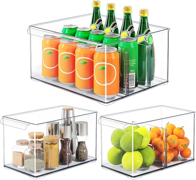 Clear Plastic Storage Bins with Dividers for Fridge Pantry Organizers and Storage Containers, 3 Pack Large Acrylic Stackable Sturdy Storage Boxes for Home Edit and Cabinet Organizers C6-2 by HOMETUK