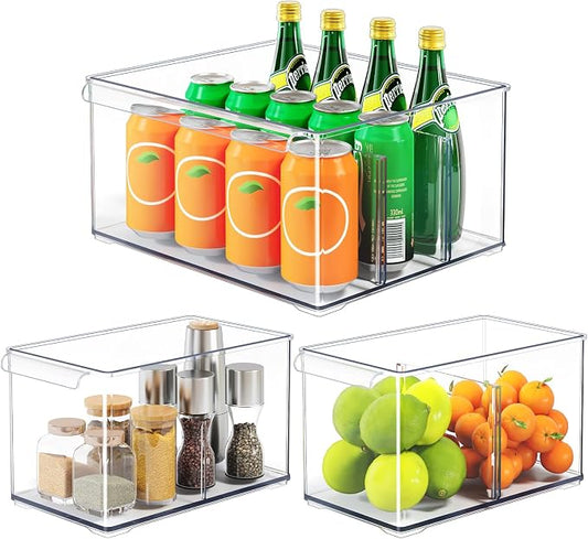 Clear Plastic Storage Bins with Dividers for Fridge Pantry Organizers and Storage Containers, 3 Pack Large Acrylic Stackable Sturdy Storage Boxes for Home Edit and Cabinet Organizers C6-2 by HOMETUK
