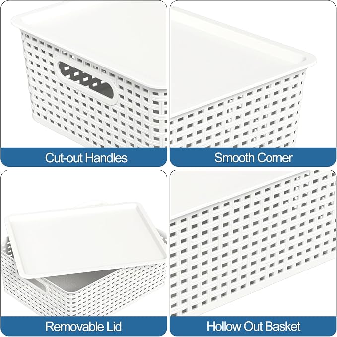 Hespama 6 Pack Plastic Weave Storage Basket, Stackable Lidded Organizer Bin | White - Image 4