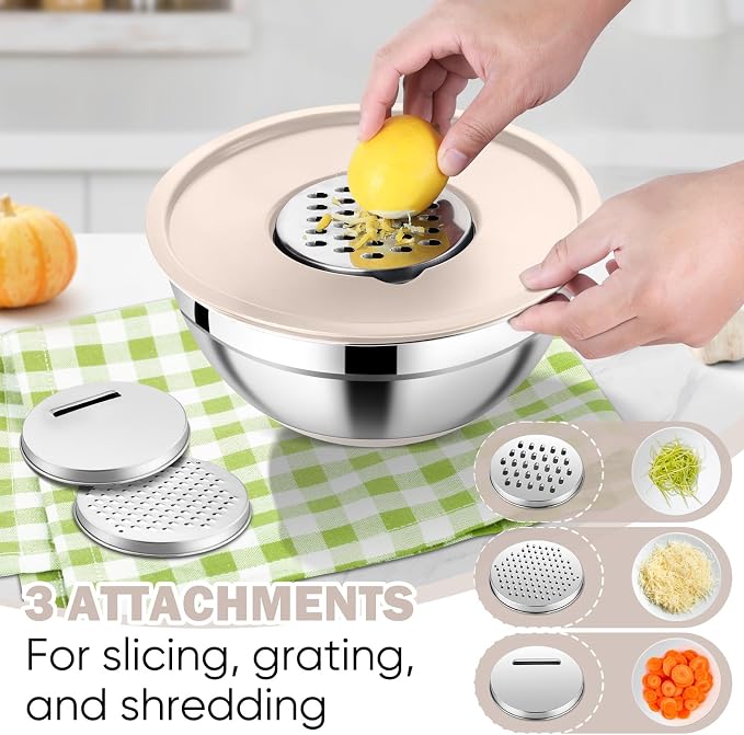 E-far 25PCS Mixing Bowls with Lid Set, Stainless Steel Nesting Prep Bowls with Grater Attachments Non-Slip Bottoms for Cooking, Serving, Food Storage, 4.6/2.6/2/1.5/1/0.7QT - Khaki - Image 3