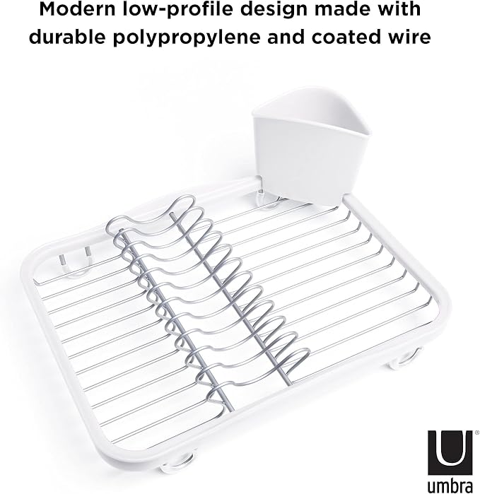 Umbra Sinkin Dish Drying Rack, in Sink or Countertop Drainer, White/Nickel | Removable utensil holder, non slip rubber feet, fits standard sizes, coated wire and plastic - Image 3