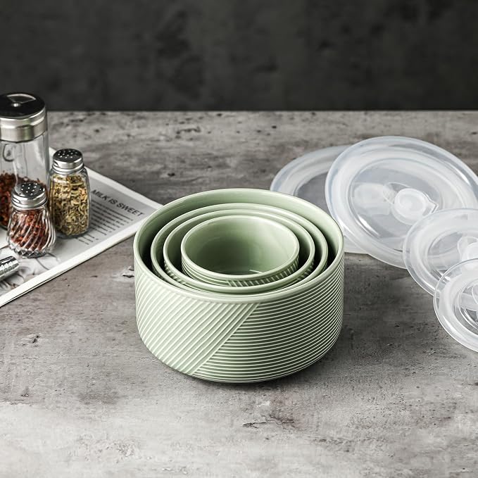 Ceramic Nesting Bowls with Lids, Set of 4, Green | 50/32/20/10 oz Mixing Bowls with Lids - Porcelain Food Storage Containers For Prep and Serving, Microwave Safe - Image 4