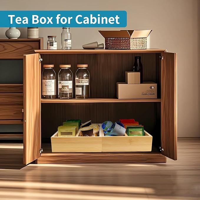 Tea Bag/Sugar Packet Holder,Coffee Station Condiment Organizer,Bamboo Tea Organizer,Large 4-Compartment Organizer Tray for Drawer/Shelf/Countertop,10.2 x 7.9 x 2.4 inch - Image 3