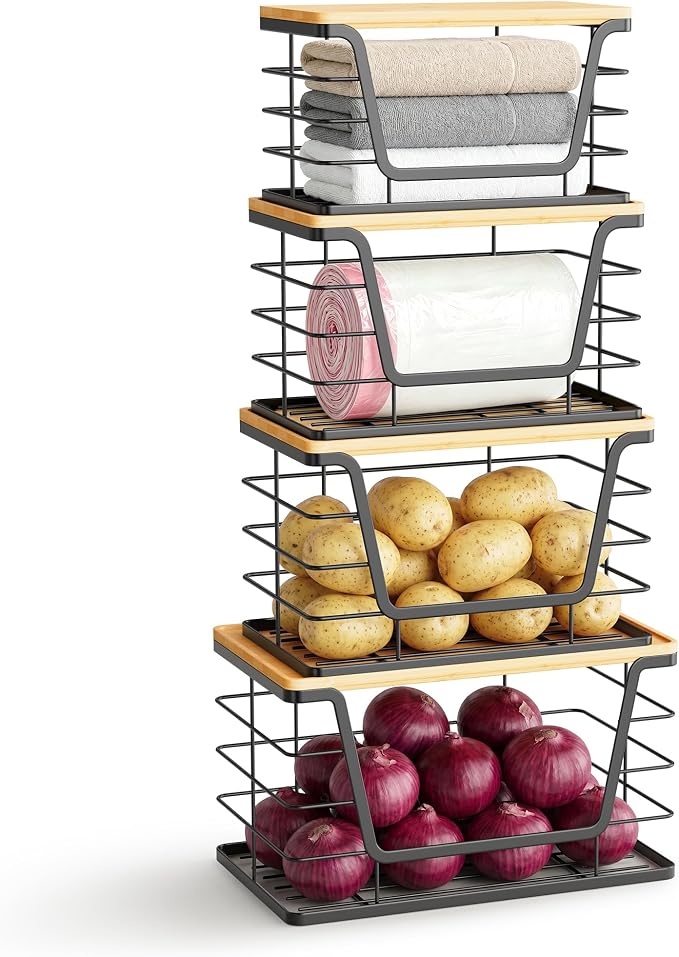 ALOCEO 4 Pack Stackable Storage Bins with Lids, Stainless Steel Trash Bag Dispenser Roll Holder for for Kitchen Sink, Laundry, Pantry Organizer and Storage, Black by ALOCEOWallHooksAdhesive