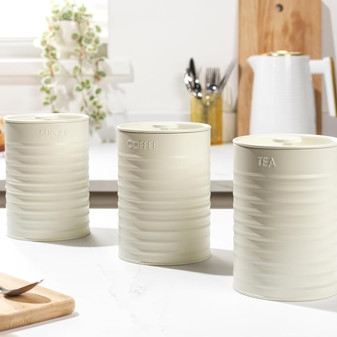 Russell Hobbs RH03268CEU7 Ribbed 3-Piece Canister Set – Set of 3 Kitchen Storage Canisters for Tea, Coffee and Sugar, Durable Powder-Coated Steel, Pull Top Lids, Easy to Clean, Ribbed Design, Cream - Image 2