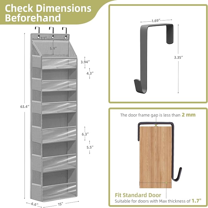 Over Door Organizer with 6 Extra Large Pockets 12 Side Pockets, Sturdy Closet Storage Rack, Hanging Storage Organizer with Clear Window for Shoes, Diaper, Bedroom, Bathroom, Grey, 6-Pack - Image 2