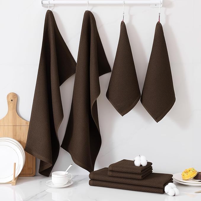Homaxy 8 Pack 100% Cotton Kitchen Towels and Dishcloths Set, Dark Brown | 12 x 12 Inches and 13 x 28 Inches Kitchen Towels Set, Ultra Soft Absorbent Dish Cloths for Washing Dishes - Image 7