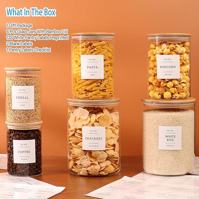 6-Pack Borosilicate Glass Storage Jars with Bamboo Lids + 132 Pre-Printed Pantry Labels Included, BPA-Free Thicken Airtight Containers for Flour, Sugar, Rice, Microwave & Freezer Safe(100OZ/54OZ/27OZ) - Image 6