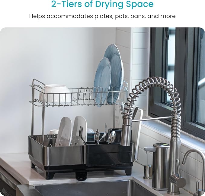 Home Zone Living Dish Drying Rack for Kitchen Counter with 2-Tiers | Stainless Steel with Drip Tray, Extendable Water Drainage Pipe, and Holders for Utensils, Wine Glasses and Cutting Board - Image 2