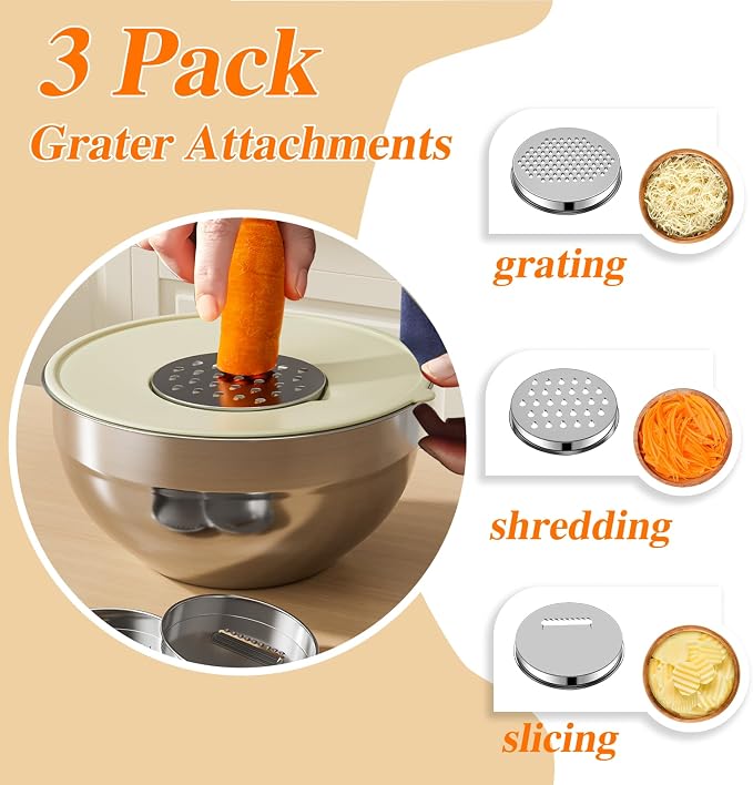 6 PCS Stainless Steel Mixing Bowls with 3 Grater Attachments, Kitchen Nesting Mixing Bowls with Lids Set and 5 PCS Fruit Storage Containers for Fridge with Colanders - Image 3