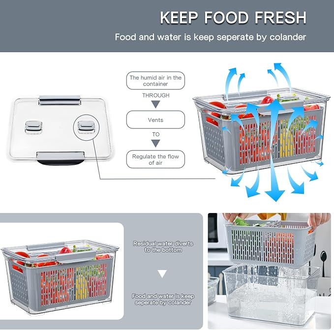 Fistone Fresh Produce Fruit Vegetable Storage Containers 3Piece Set, BPA-Free Fridge Storage Container with Lid & Colander, Fridge Organizers, Keep Fresh for Produce,Fruit and Vegetable - Image 4
