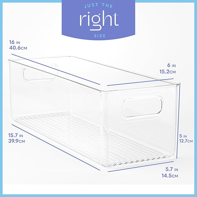 Plastic Food Storage 2 Pack Clear Container Bin with Handles for Organizing Kitchen, Pantry, Refrigerator, Freezer, Pantry, Cabinet, Closet, Bathroom. 16”x6”x5” - Image 3