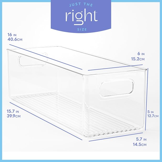 Plastic Food Storage 6 Pack Clear Container Bin with Handles for Organizing Kitchen, Pantry, Refrigerator, Freezer, Pantry, Cabinet, Closet, Bathroom. 16”x6”x5” - Image 3