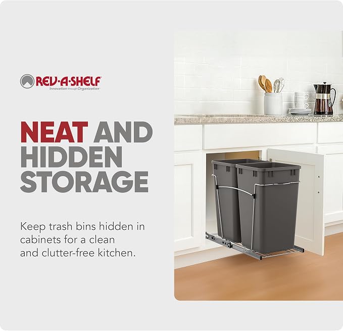 Rev-A-Shelf Double 27 Qt Pullout Trash Can for Base Kitchen Cabinets, Garbage Waste Bin System with Full Extension Slides, Min Opening Width of 11.5", Orion Gray, RV-15KD-13C-S - Image 5