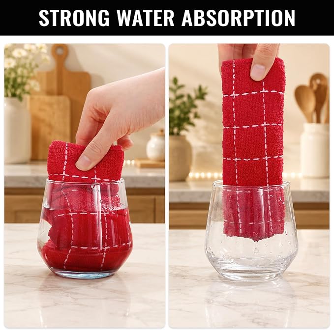 Kitinjoy 100% Cotton Terry Kitchen Towels, 13”x 28”, 6-Pack, Red | Checkered Designed, Ultra Soft Absorbent Quick Drying Dish Towels - Image 5