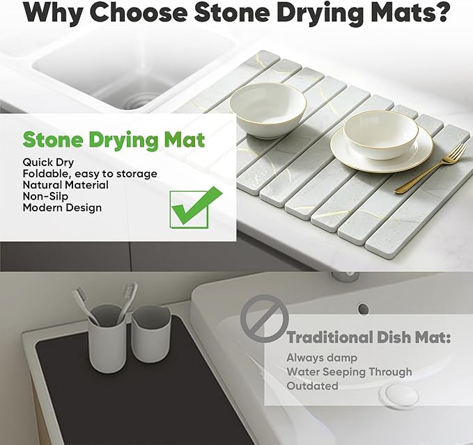Stone Drying Mat for Kitchen Counter, Quick Diatomaceous Earth Mats for Dishes, 24"L x 16" W Super Absorbent Fast-Drying Collapsible Countertop Stone Mat (Marble White Yellow, 24" x 16") - Image 5